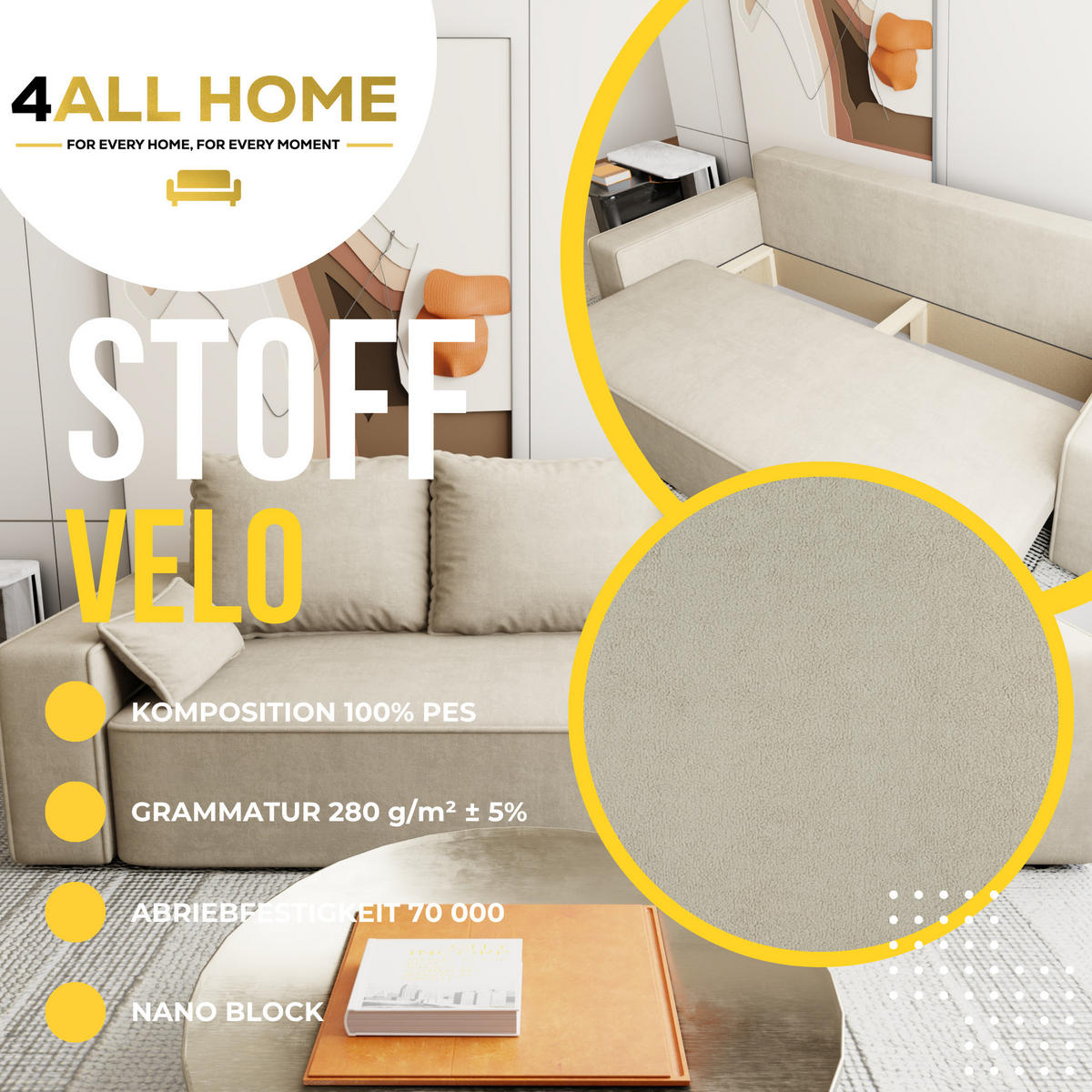 SOFA Veno mit Bettkasten und Schlaffunktion, Velourstoff - Beige, Holzwerkstoff (242/85/95cm)