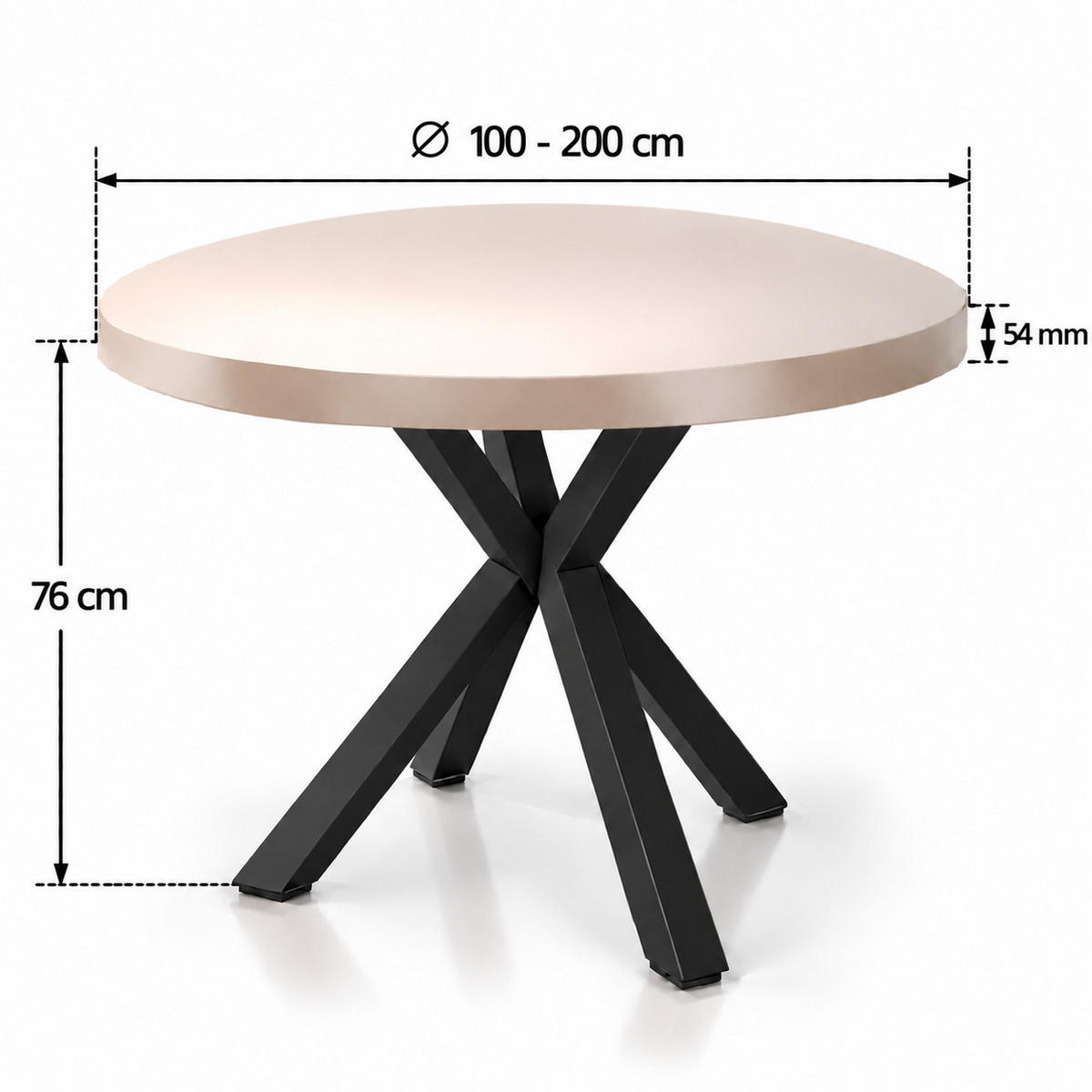 ESSTISCH rund ausziehbar 100/200/76 cm, Kaschmir, 54 cm Tischplatte + X Metallbeine Schwarz - Kaschmir/Schwarz, Holzwerkstoff/Metall (100/200/76cm) - Damale Möbel