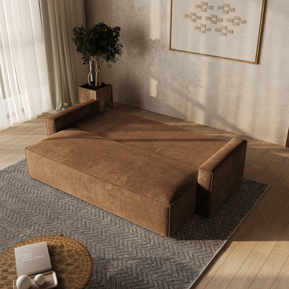 BETTSOFA MENI LM Hellbraun Chenille-Stoff mit Schlaffunktion - Hellbraun, Textil (232/85/87cm) - MASSENO