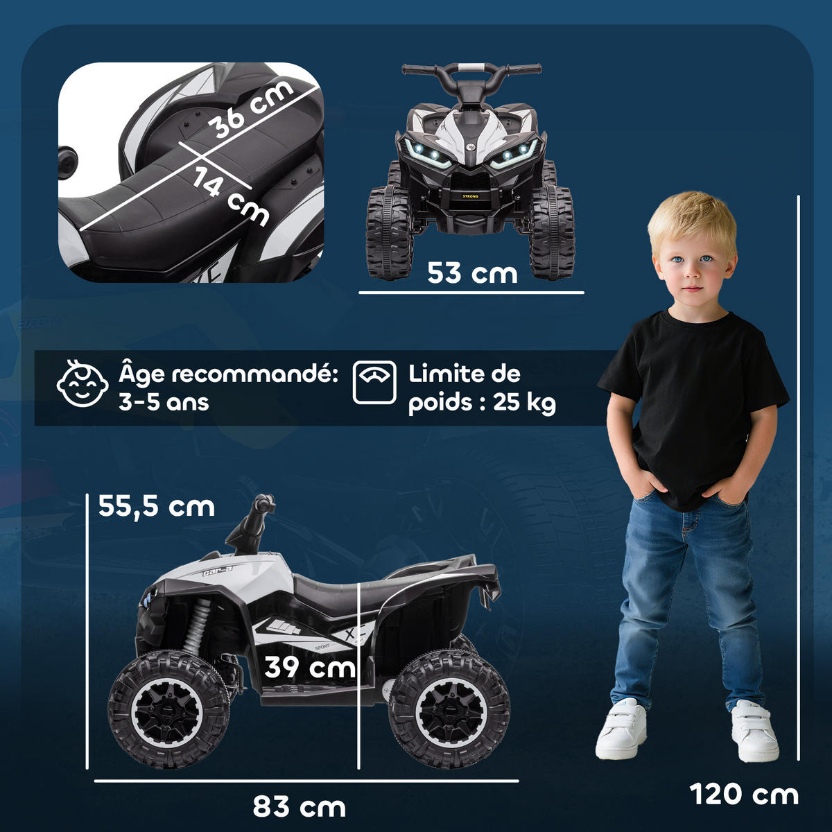 ELEKTRO-QUAD DE-13013 6 km/h Schwarz/Weiß - Weiß, Kunststoff (83/53/55.5cm) - ComfortXL