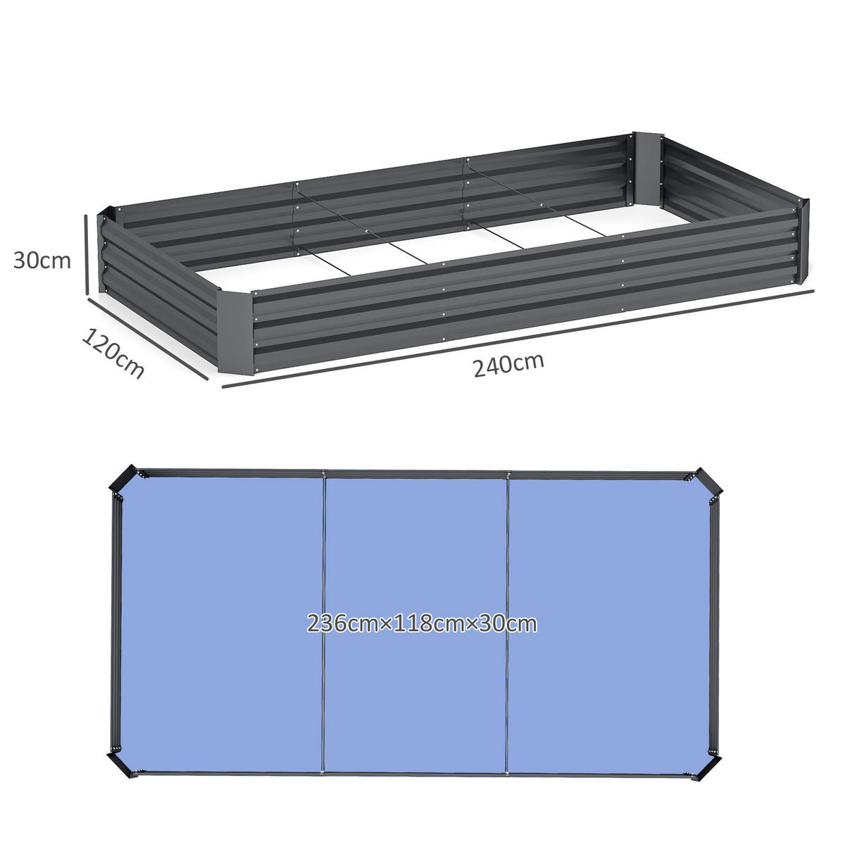 HOCHBEET DE-12195 240/120/30 cm mit offenem Boden Dunkelgrau - Dunkelgrau, Metall (240/30/120cm) - ComfortXL