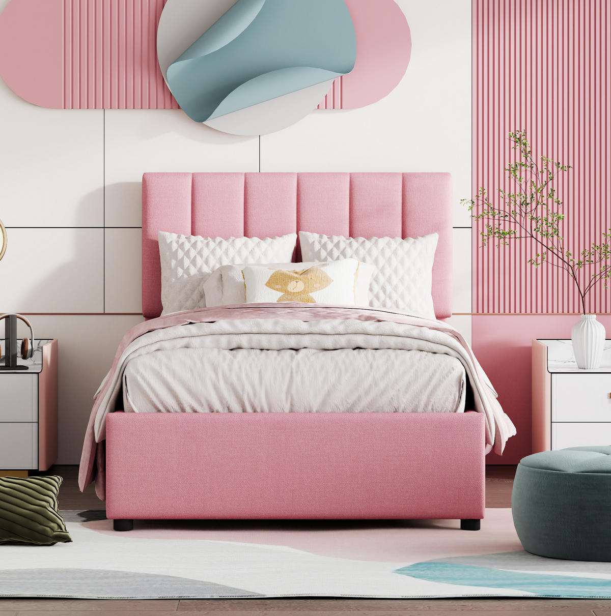KINDEREINZELBETTEN aus Leinenstoff 90x200 cm in Rosa mit hydraulischem Stauraum - Rosa, Textil (90/200cm) - Modfu
