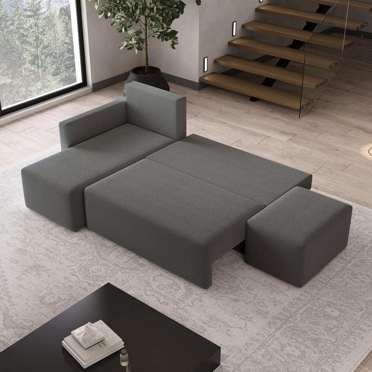 ECKSOFA VELOTTI L-S Grau Boucle-Stoff mit Schlaffunktion - Grau, Holz (261/143cm) - MASSENO