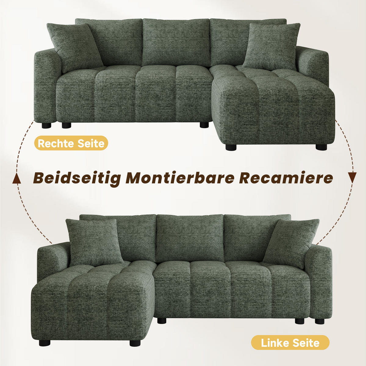 ECKSOFA 204/127/82.5 cm Grün Chenille mit 2 Zierkissen - Grün, Kunststoff/Textil (204/127cm) - Oxeza