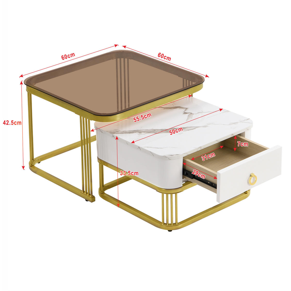 COUCHTISCH-SET, MDF Hochglanz-Marmoroptik, Goldakzente, mit Schublade, 60/60/42,5 + 50/50/34 cm, Weiß und Gold und Teebraun - Braun, Holzwerkstoff (60/60/42.5cm) - Redom