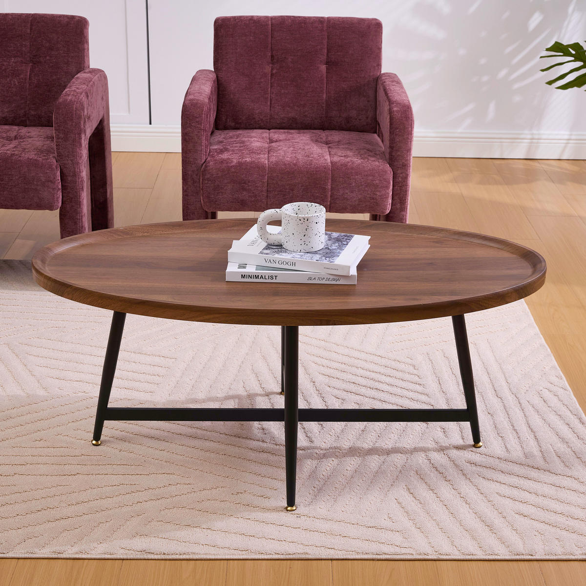 COUCHTISCH, ovale MDF-Tischplatte in Braun mit schwarzem Metallgestell, skandinavisch-minimalistisch, 110/55/45 cm,Braun - Braun, Holzwerkstoff (55/110/45cm) - Redom