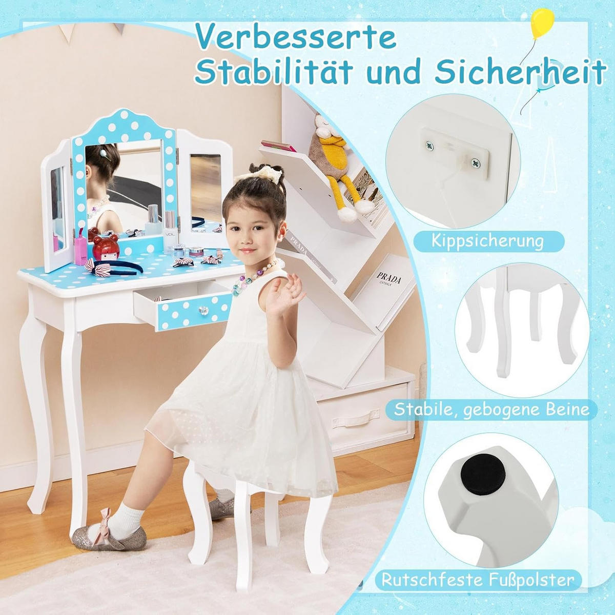 SCHMINKTISCH Blau - Blau, Holz (28/98/60cm) - COSTWAY