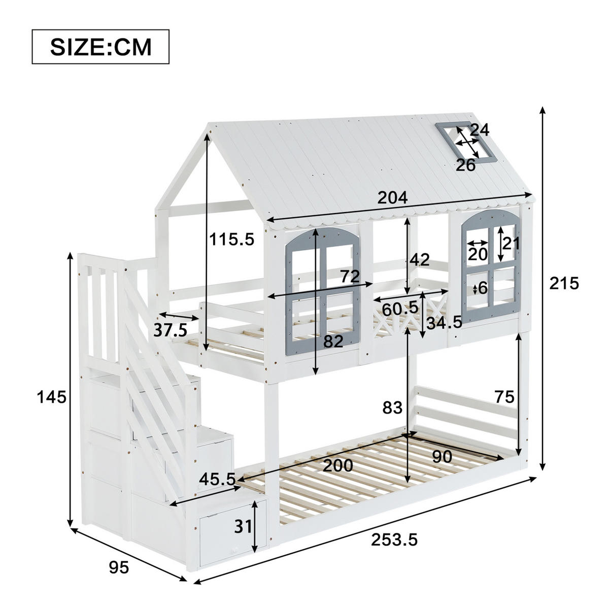 ETAGENBETT mit Dach und Fenstern, Weiß+Grau, 90/200 cm, Stauraumtreppe - Weiß, Holz (90/200cm) - MIVRAY