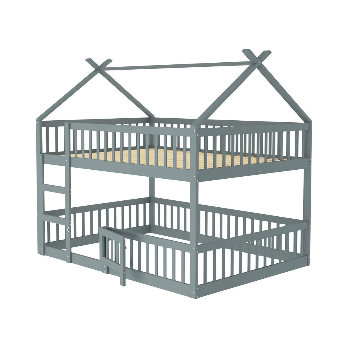 ETAGENBETT 140/200 cm Grau Massivholz mit Treppe und Hochsicherheitzaund - Grau, Holz (140/200cm) - OKWISH