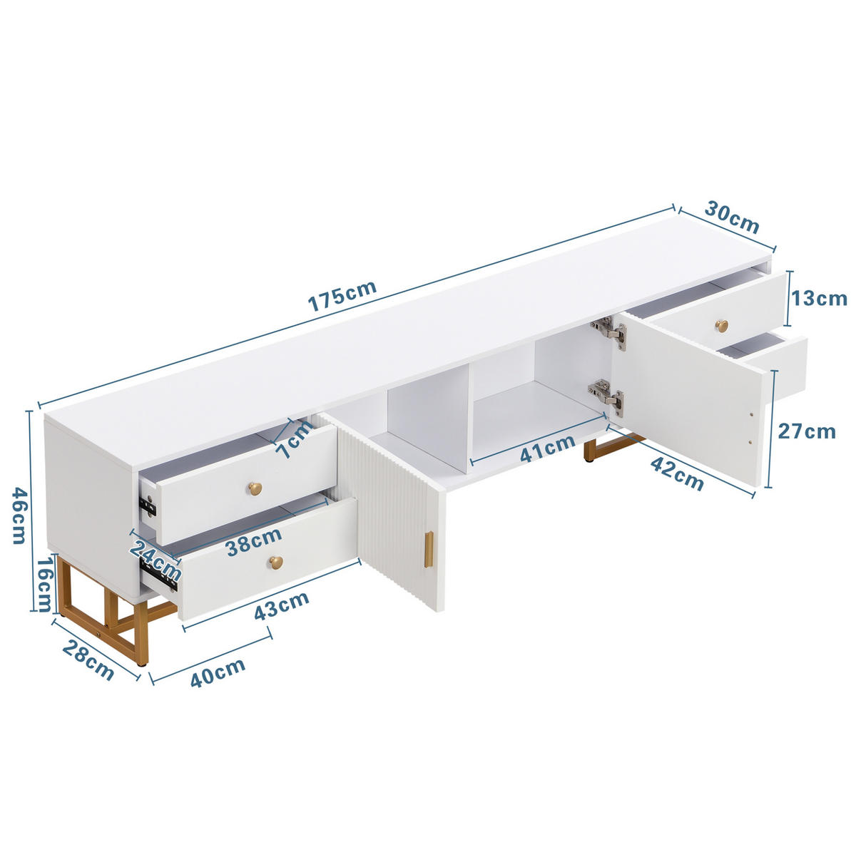TV-SCHRANK in Weiß mit 4 Schubladen, 2 Türen und goldfarbenen Füßen 175/30/46 cm - Weiß, Holzwerkstoff (175/46/30cm) - Redom
