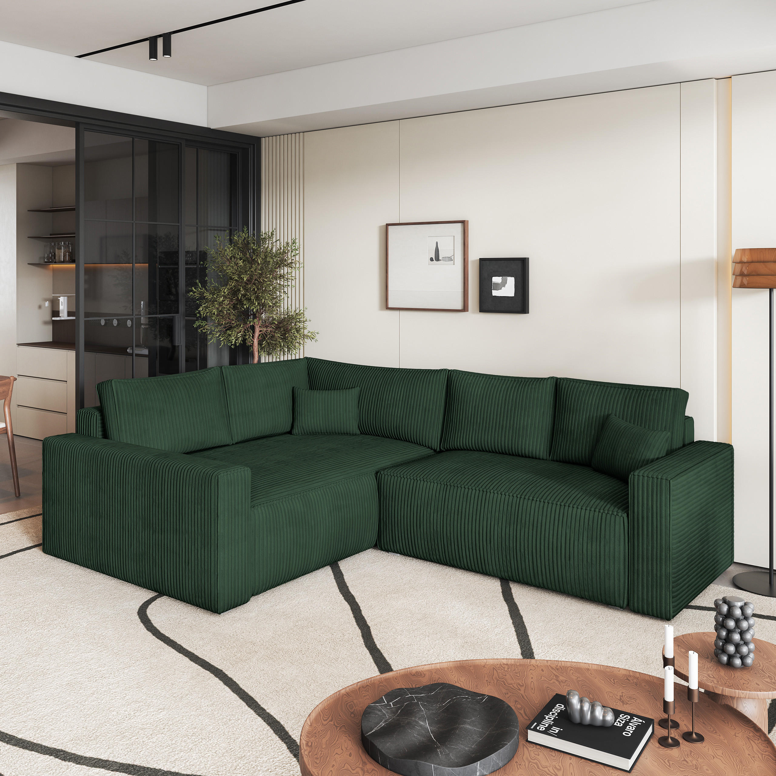 ECKSOFA ERONIS L-S Grün Kordstoff mit Schlaffunktion - Grün, Holz (265/194cm) - MASSENO