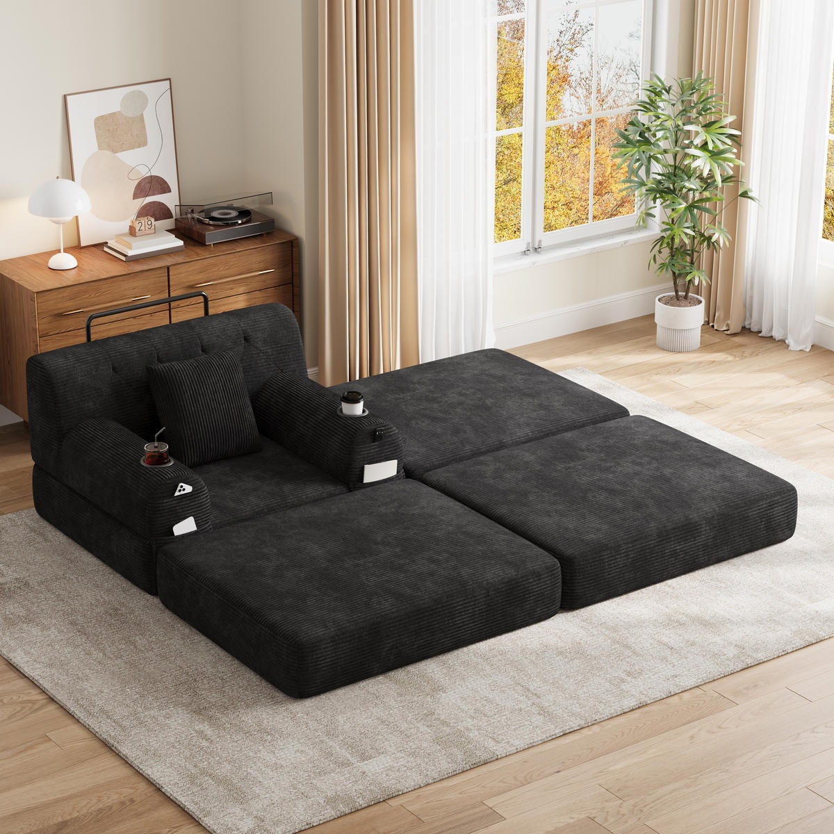 SCHLAFSOFA mit Hocker und Liegefunktion aus Cord mit Getränkehaltern - Schwarz, Textil (191/60/162cm) - EVRYAE