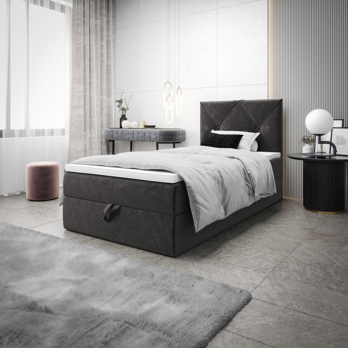 BOXBETT ALTEA 90x200 Monolith 92, mit Matratze H3, Bonell und Topper, Grau - Grau, Holz/Kunststoff (90/200cm) - Bedante
