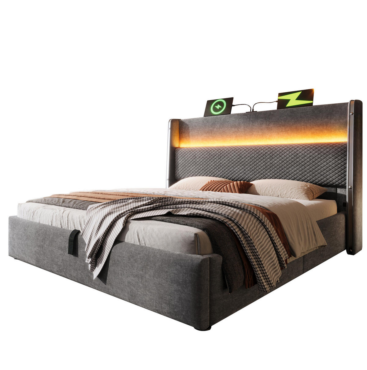 POLSTERBETT 160/200 cm mit Bettkasten, LED-Beleuchtung und USB/Type-C in Grau - Grau, Textil (160/200cm) - BEAOK