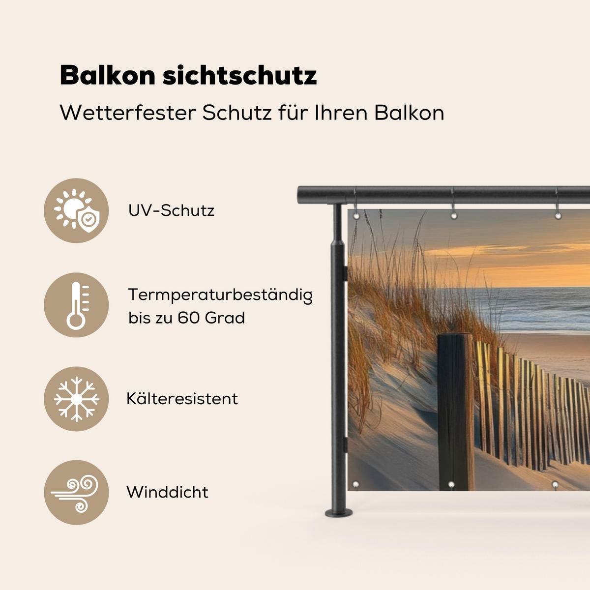 BALKON-SICHTSCHUTZ Strand - Dünen - Sonnenuntergang 300x85 cm - Sandfarben, Kunststoff (300/85cm) - MuchoWow