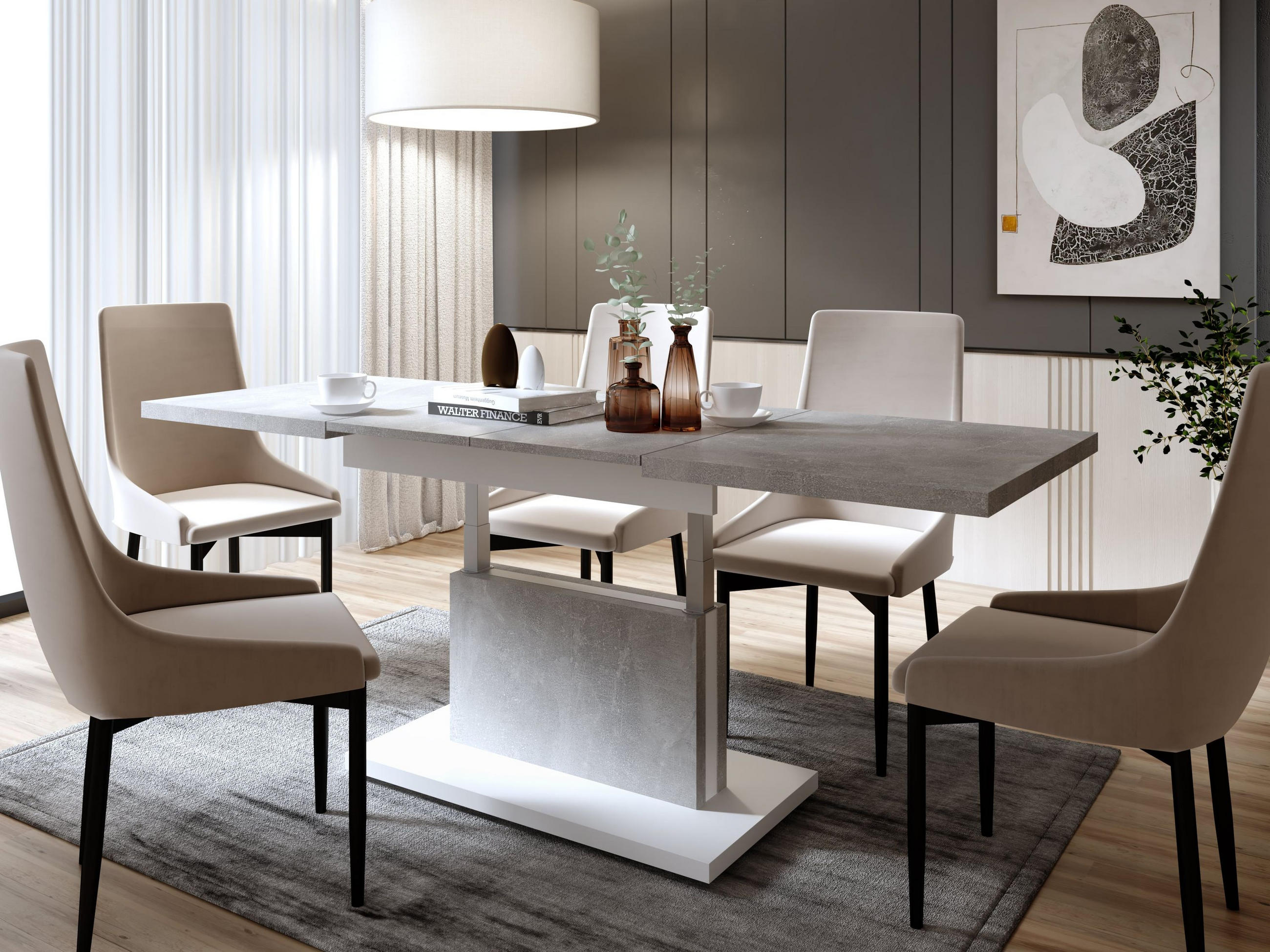 COUCHTISCH rechteckig Beton - Weiß höhenverstellbar ausziehbar - Hellgrau/Weiß, Holzwerkstoff (70/120/56cm) - designimpex
