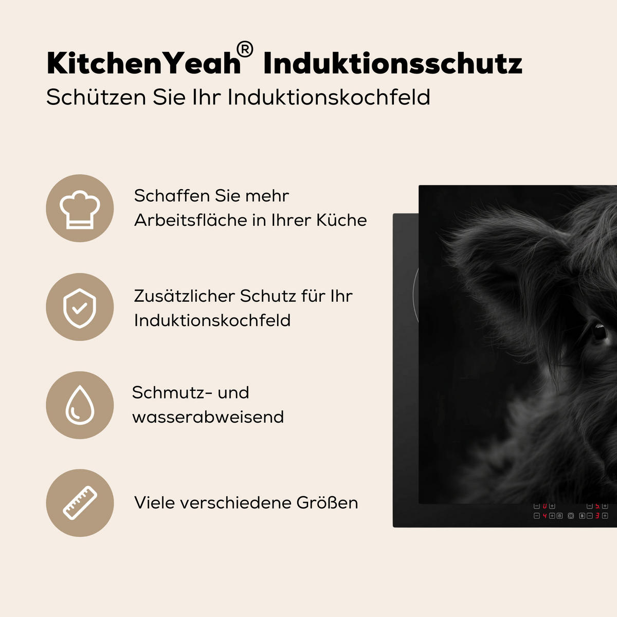 HERDABDECKPLATTE Scottish Highlander - Schwarz - Kalb - Kuh Ceranfeldabdeckung 85x52 cm - Schwarz, Kunststoff (85/52/0.2cm) - MuchoWow