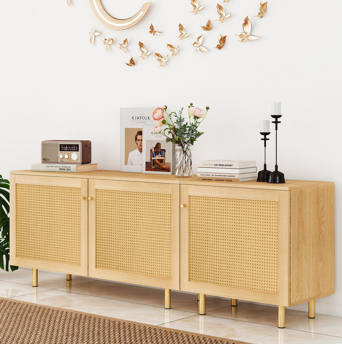 SIDEBOARD 180/40/63 cm mit 3 Türen in Naturholzoptik und goldfarbenen Griffen - Naturfarben, Holzwerkstoff (180/63/40cm) - BEAOK
