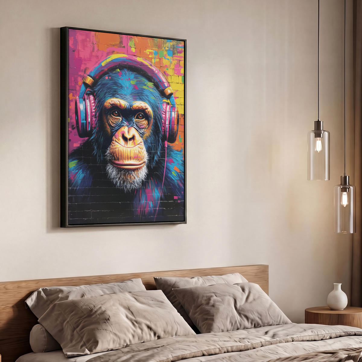 LEINWAND Bilder mit Rahmen - Graffiti - Schimpanse - Straßenkunst - Kopfhörer - Affe - 70x100 - Blau, Textil (70/100cm) - MuchoWow