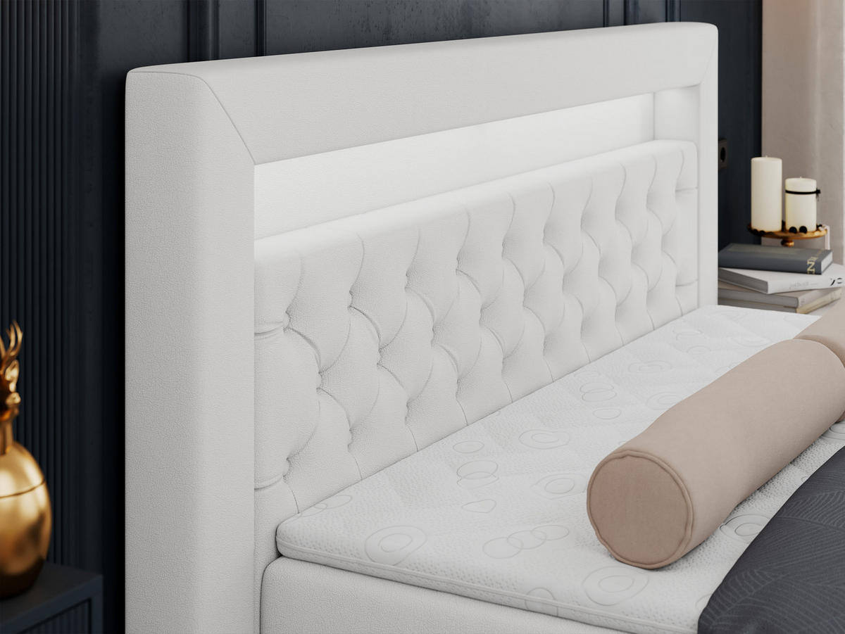 BOXBETT GOLD-6 LED 200/200 Weiß Kunstleder - H3 - Weiß, Holz/Textil (200/200cm) - MKS