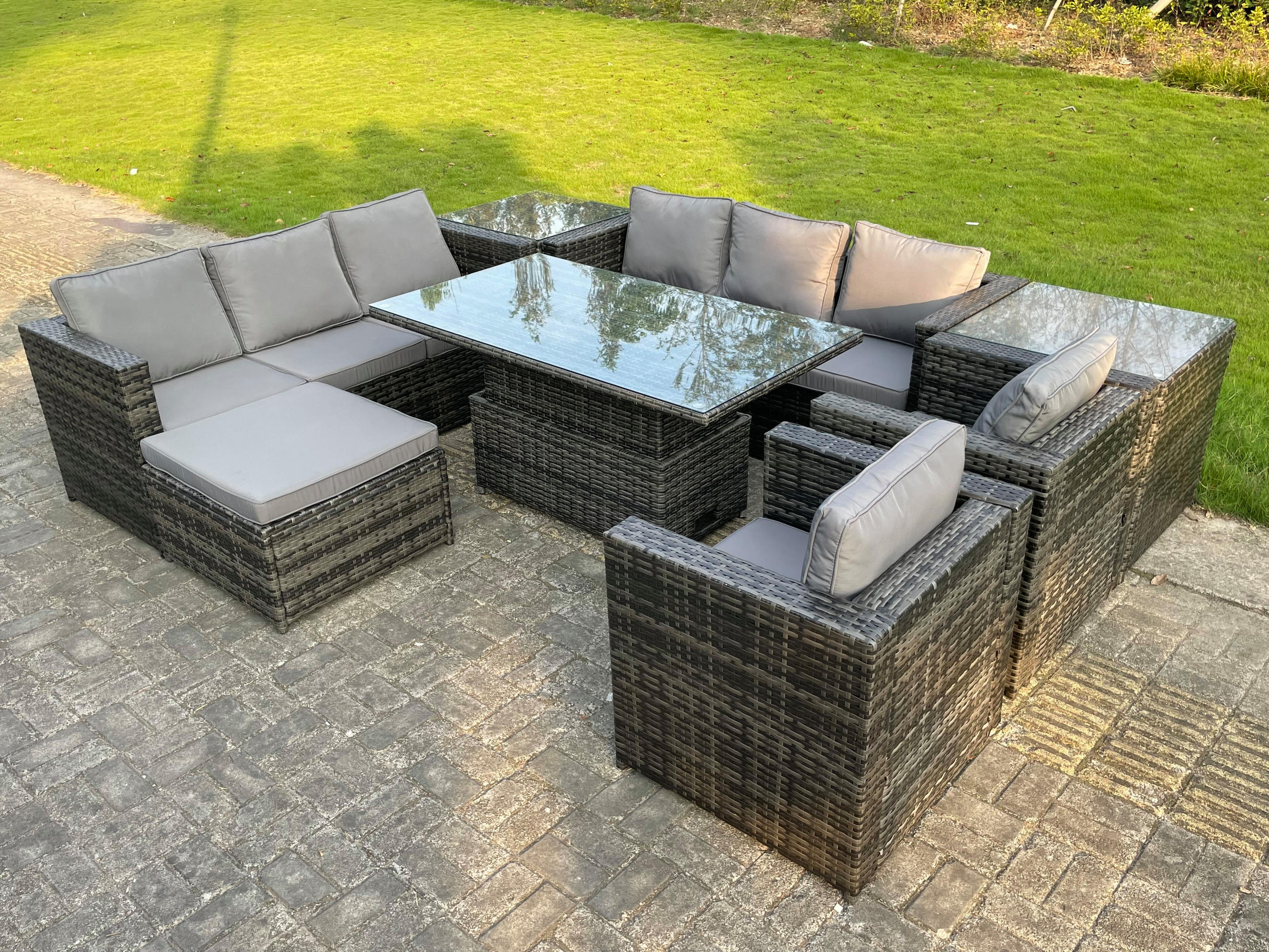 GARTENSET Polyrattan 9-Sitzer - Dunkelgrau/Grau, Glas/Kunststoff - Fimous