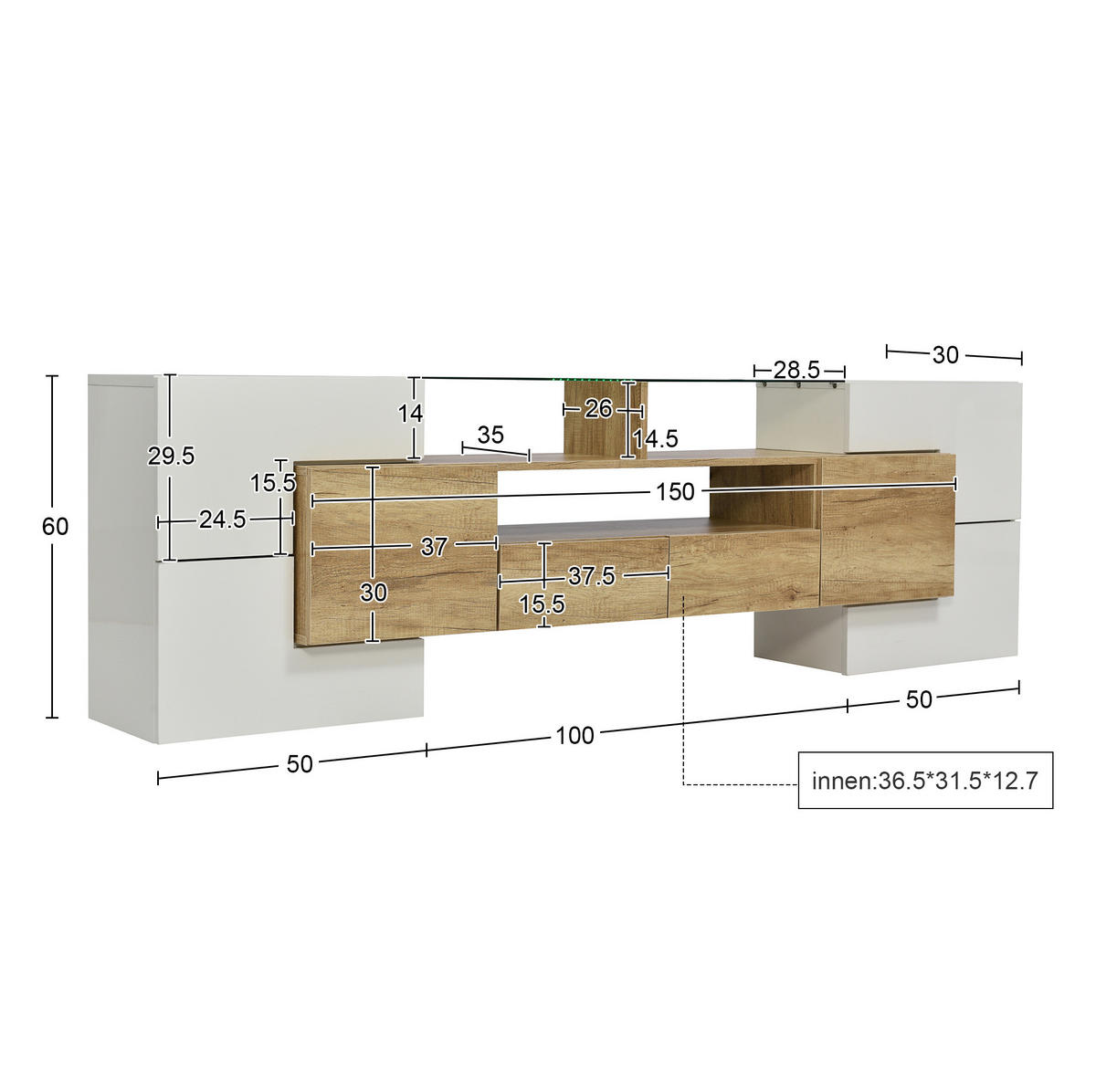 LOWBOARD 200/35/60 cm aus MDF mit LED-Beleuchtung Weiß/Naturfarben - Weiß, Holzwerkstoff (200/60/35cm) - Modenvie