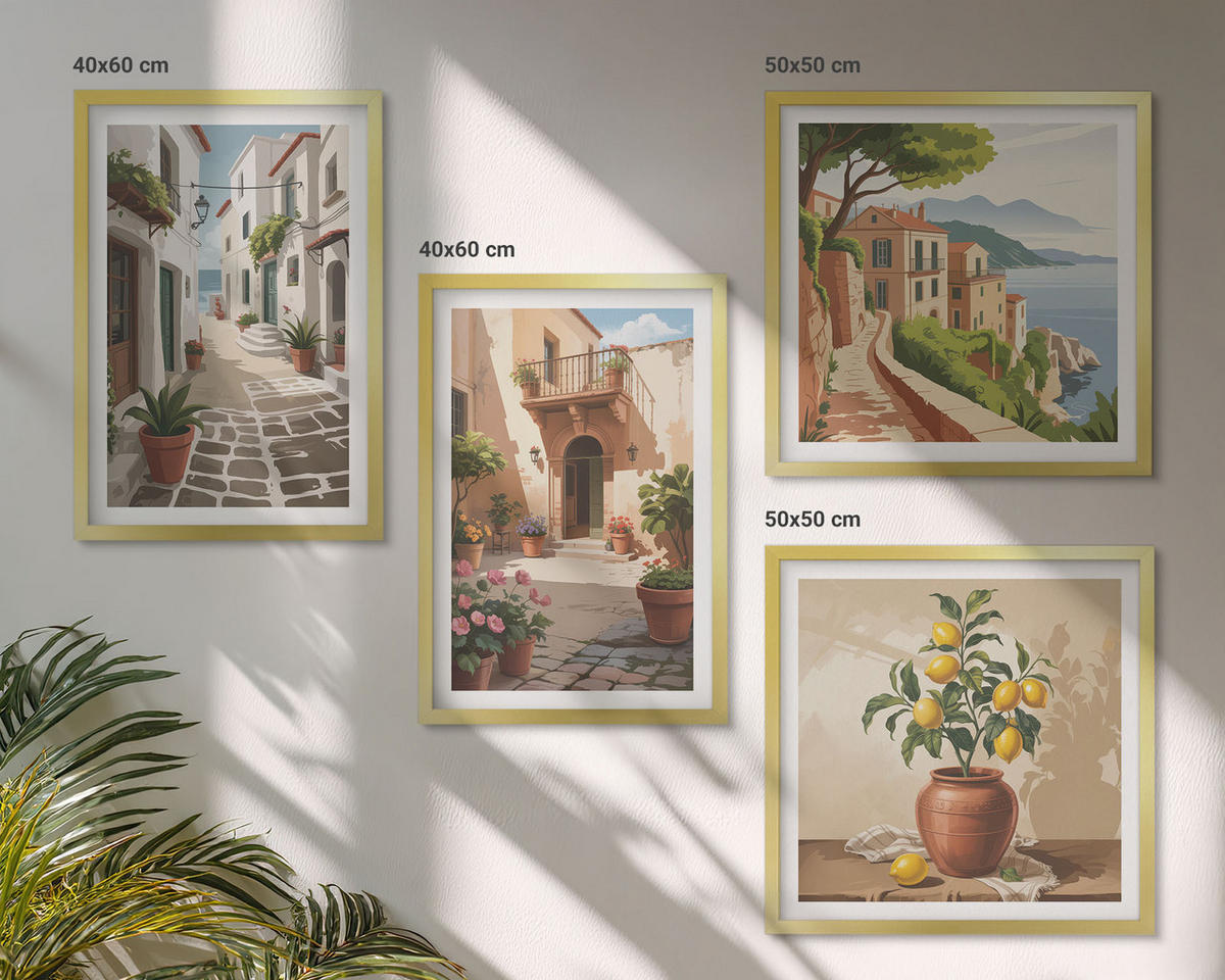 BILDER SET 4er Set - 50x50 cm & 40x60 cm Goldrahmen - Straßen, Häuser, Pflanzen, Töpfe - Goldfarben, Kunststoff (50/50cm) - TULUP