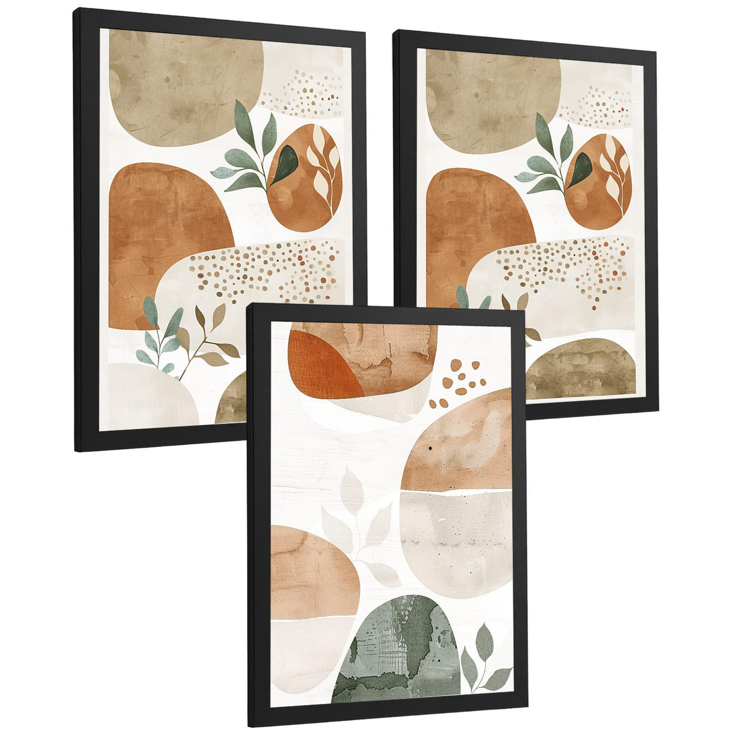 POSTER 3er Kunstdruck-Set Wandbilder Pflanzen Abstrakt Grün Braun modern Wohnzimmer Deko, Schlafzimmer, Küche, Badezimmer Schwarzer Rahmen A4 - Schwarz, Papier (29.7/1/21cm) - Nacnic