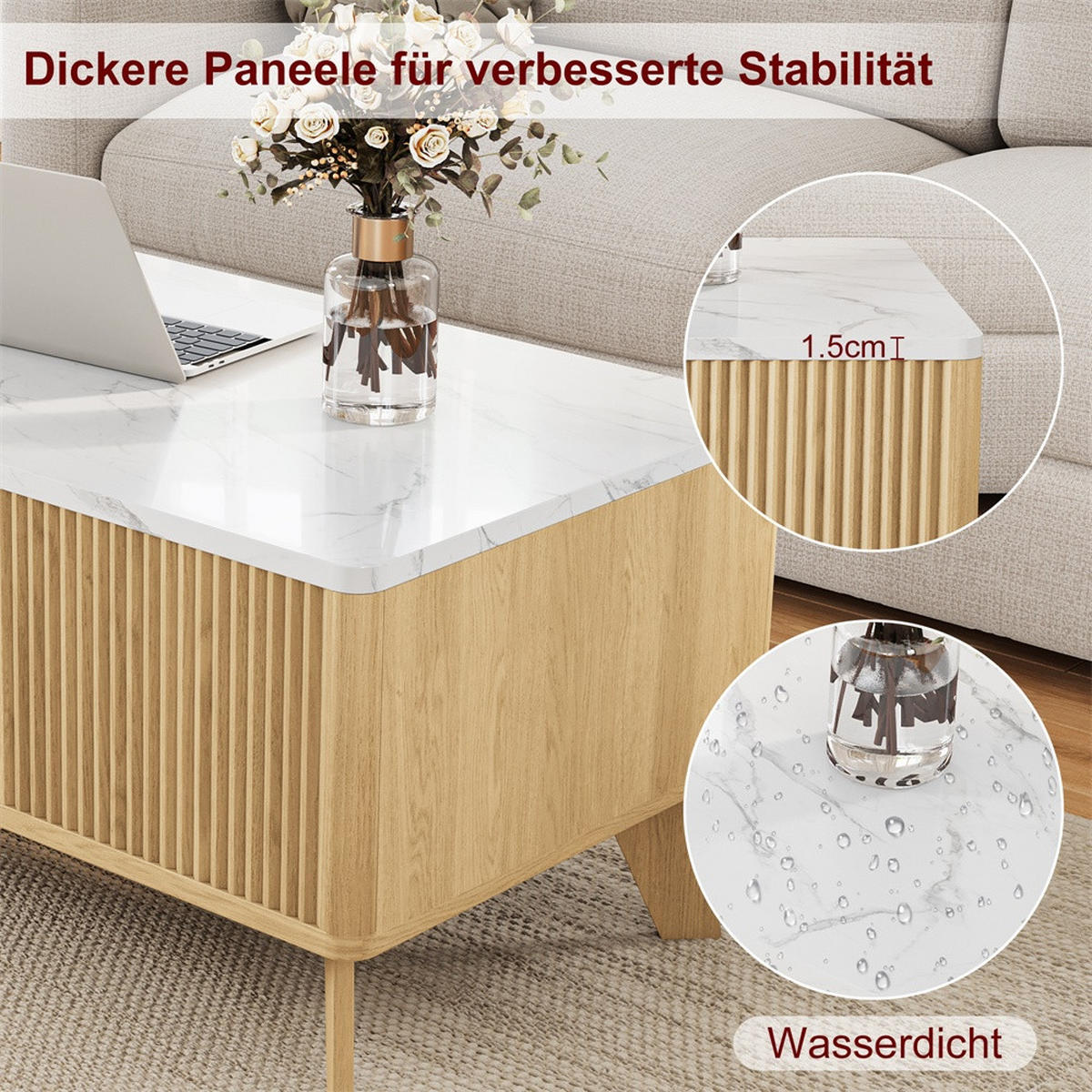 COUCHTISCH in weißer Marmoroptik - Rechteckiger Couchtisch mit Lift-Funktion Stauraum und Holzbeinen - Eichefarben, Holzwerkstoff (53/105/42cm) - DELFA