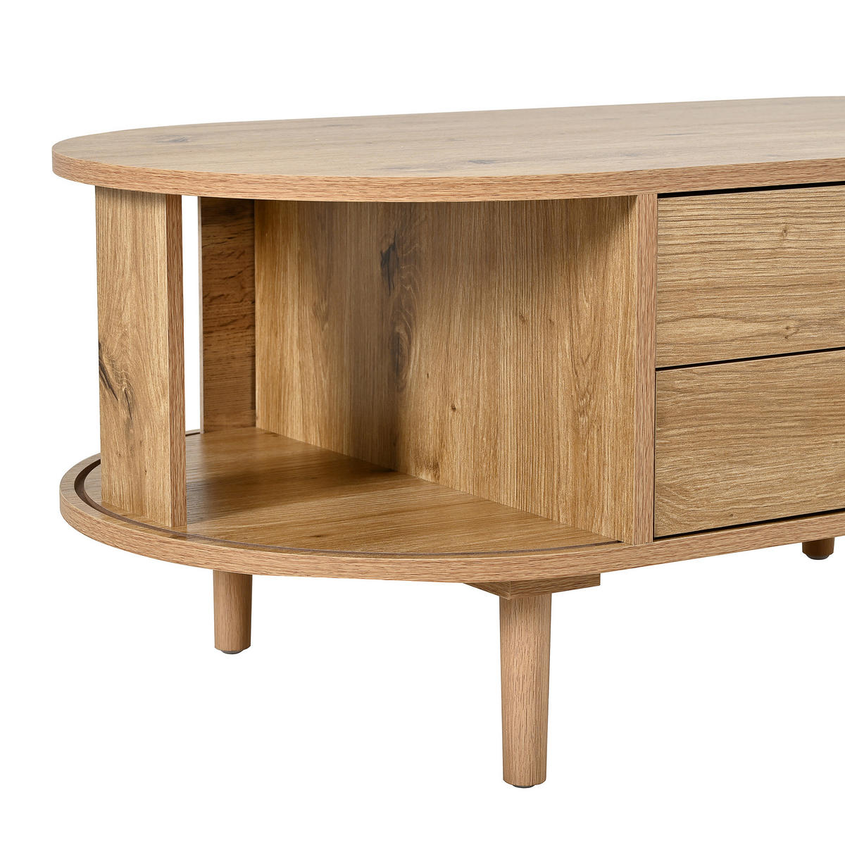 COUCHTISCH in Holzoptik Ovaler Wohnzimmertisch mit Schiebetüren und 2 Schubladen, 100 B / 50 T / 40 H(cm) - Hellbraun, Holzwerkstoff (50/100/40cm) - STILVORA