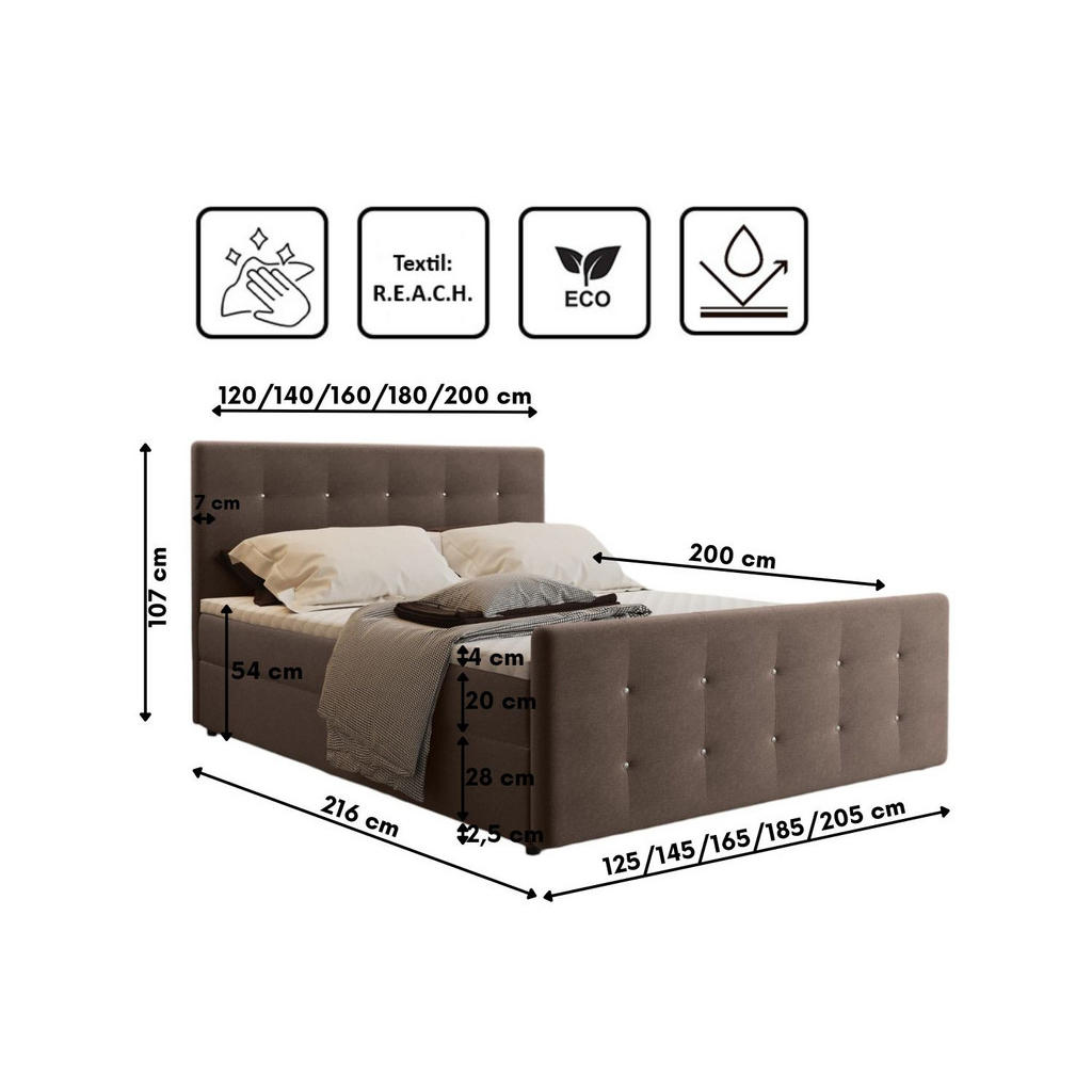 Thumbnail - Kaiser Möbel Boxbett, Braun, Textil, H3, Höhe ca. 20 cm, 140x200 cm, Oeko-Tex® Standard 100, Schlafzimmer, Betten, Boxsp...