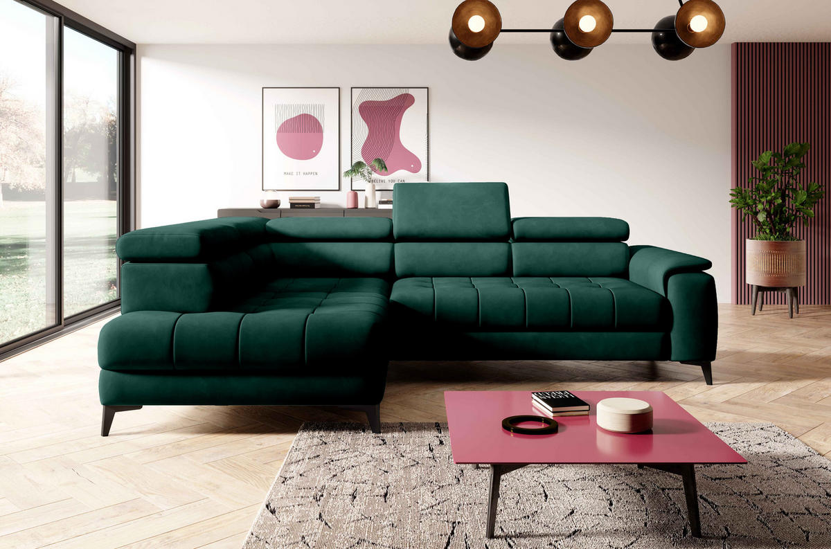 ECKSOFA CHIVAS Freistehend , Schlaffunktion, 278×197×76/98 cm, Stoff - Element, Flaschengrün, Linke Seite - Dunkelgrün/Schwarz, Holz/Textil (278/197cm) - DomoHome