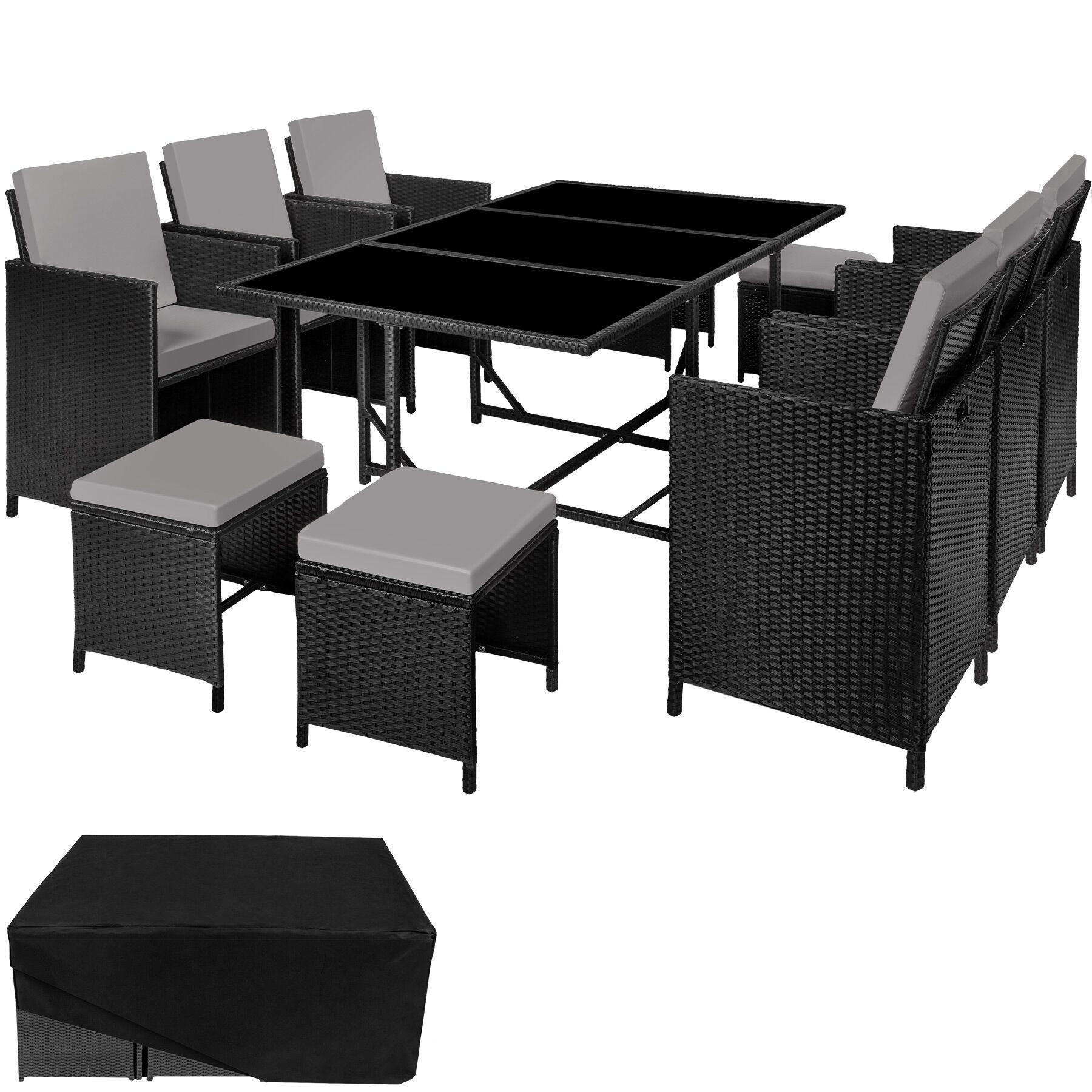 RATTAN SITZGRUPPE Malaga,zusammenschiebbar, inklusive Schutzhülle,schwarz/grau - Schwarz/Grau, Kunststoff - tectake