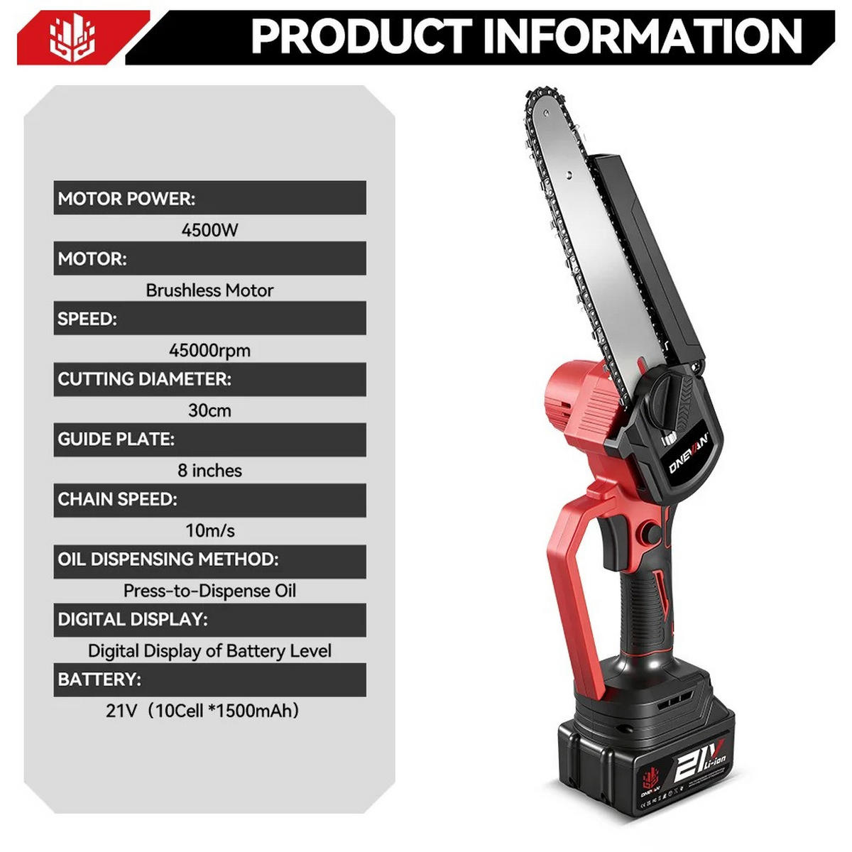 MINI-KETTENSÄGE 8 Zoll , Makita-18V kompatibel Schwarz Garten Beschneiden - Schwarz, Metall (13/7/43cm) - Coonoor