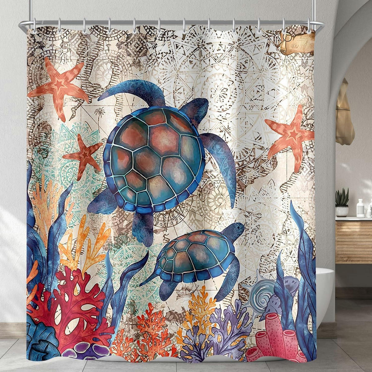 DUSCHVORHANG Schildkröte Seesterne 180 x 200 cm - Multicolor, Textil (180/200cm)