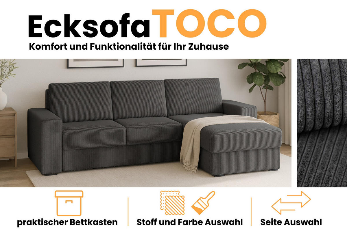 ECKSOFA TOCO L 240x145 cm in Cord Anthrazit rechts - Anthrazit, Holz/Holzwerkstoff (240/145cm) - Deine Möbel 24