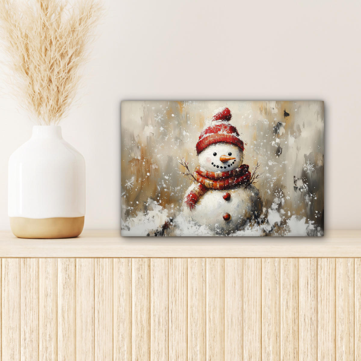 LEINWANDBILD Schneemann - Winter - Schnee - Beige 30x20 cm - Weiß, Textil (30/20cm) - MuchoWow