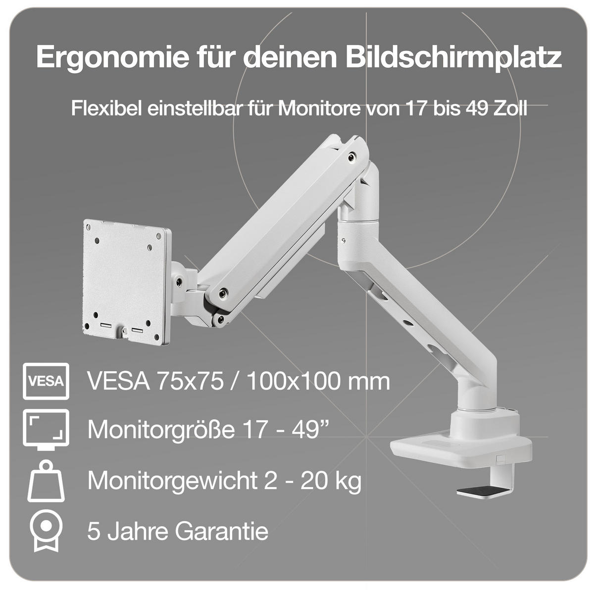 MONITORARM in weiß mit Gasfeder für 17–49 Zoll Monitore bis 20kg / Signalweiß - Weiß, Metall (22/43/13cm) - ASSMANN