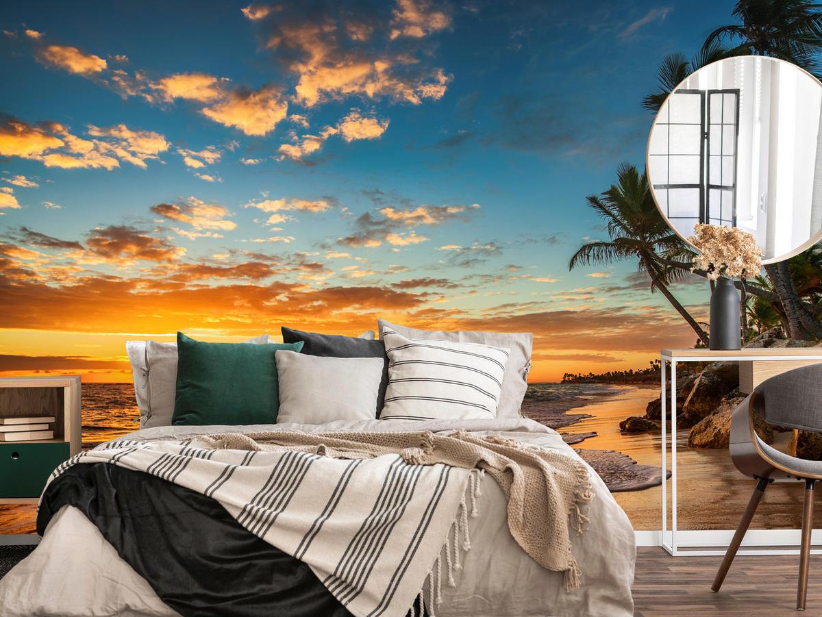 FOTOTAPETE Strand Meer Sonnenuntergang Natur 3D 100x70 - Gelb/Orange, Papier (100/70cm) - Muralo