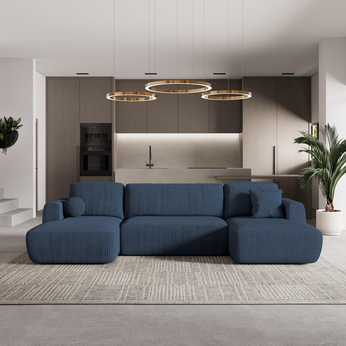 ROHOVÁ SEDAČKA SENTUM modrá - modrá/černá, dřevo/textil (330/148cm) - MASSENO