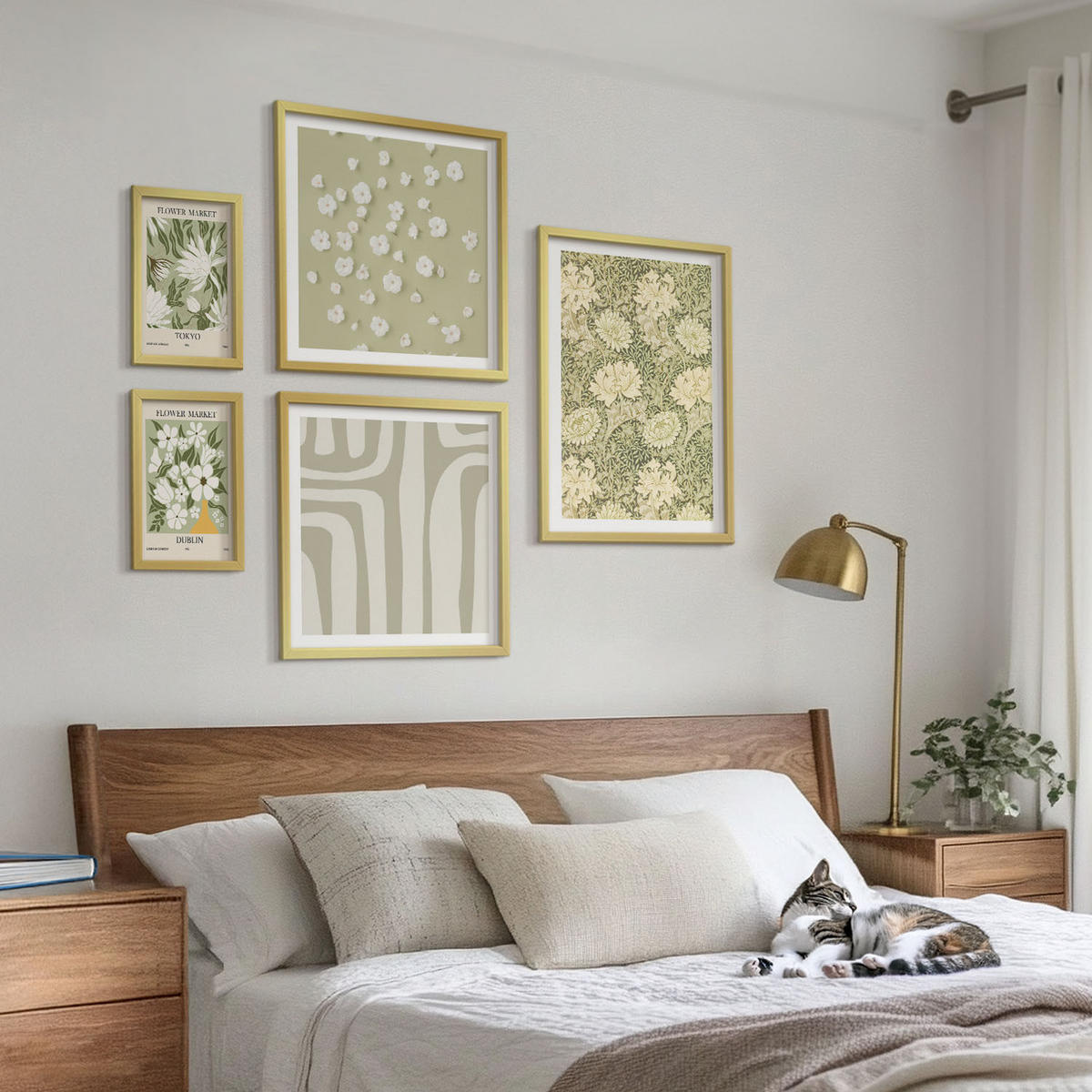 BILDER SET 5er Set - 50x50 cm & 20x30 cm & 40x60 cm Goldrahmen - Boho-Pflanzenkompositionen in Pastellfarben - Goldfarben, Kunststoff (40/60cm) - TULUP