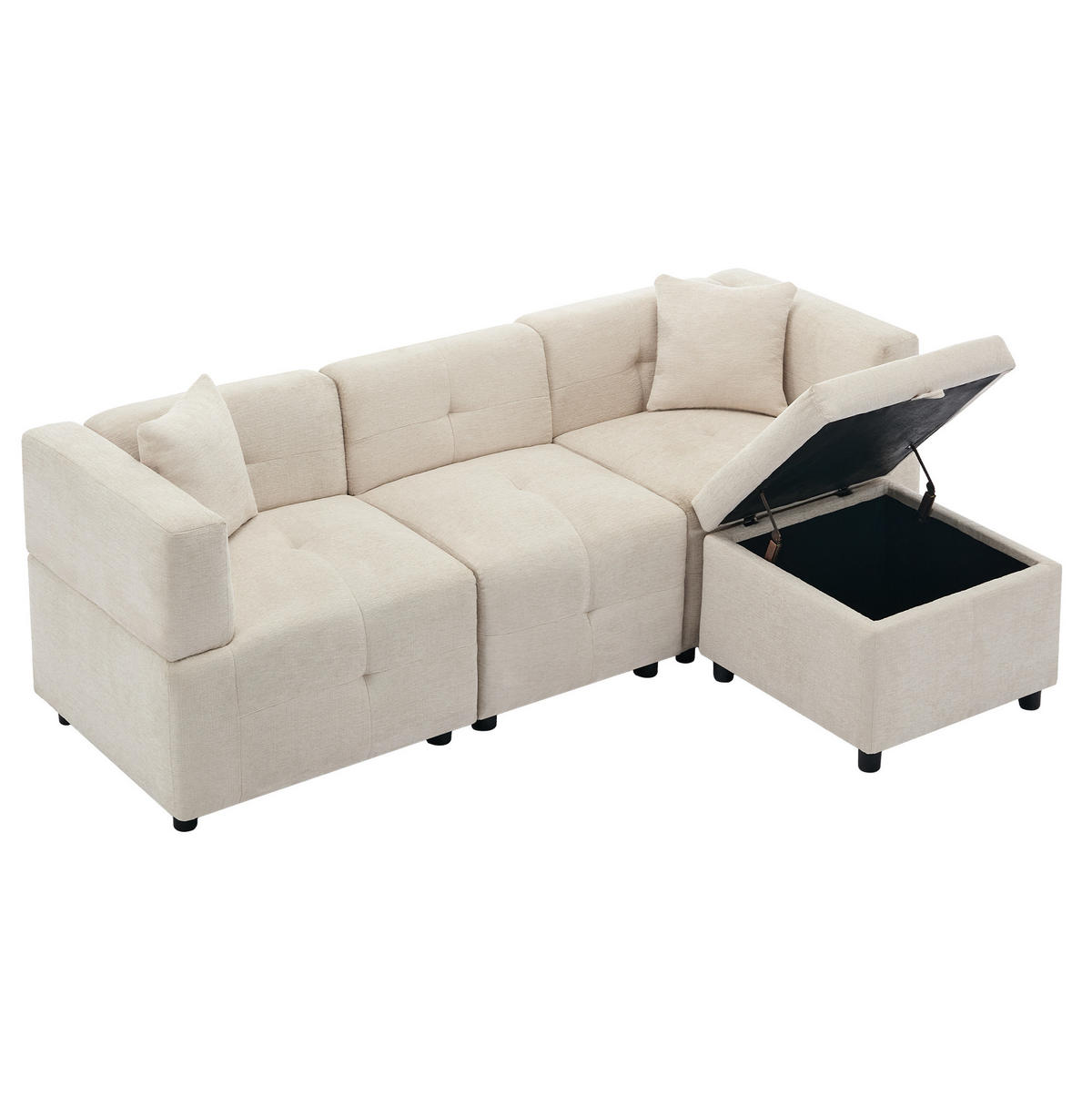 3-SITZER Ecksofa Chenille mit Stauraum-Fußhocker und 2 Kissen 204/126/69 cm Beige - Beige, Kunststoff/Textil (126/204cm) - Redom