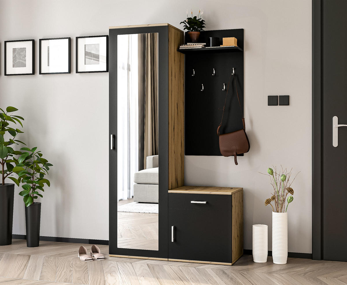 GARDEROBENSCHRANK Magnola Artisan Schwarz 100/180,5/35 cm – Modern, mit Spiegel und viel Stauraum - Hellbraun/Schwarz, Holzwerkstoff/Kunststoff (100/180.5/35cm) - AX Living