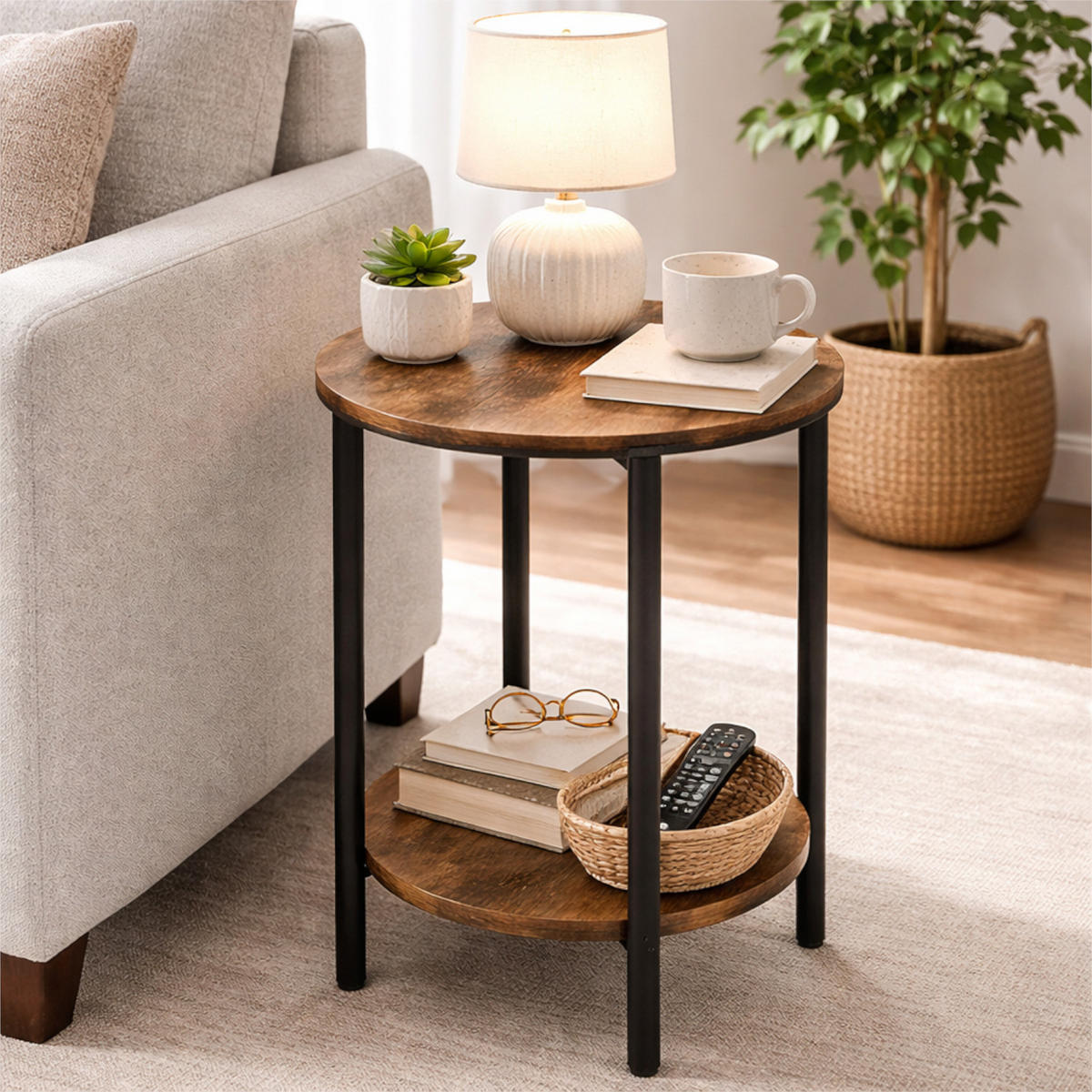 BEISTELLTISCH Holzoptik Metall Dunkelbraun Schwarz rund 45×62×40 cm - Dunkelbraun/Schwarz, Holzwerkstoff/Metall (45/45/62cm) - Begryf