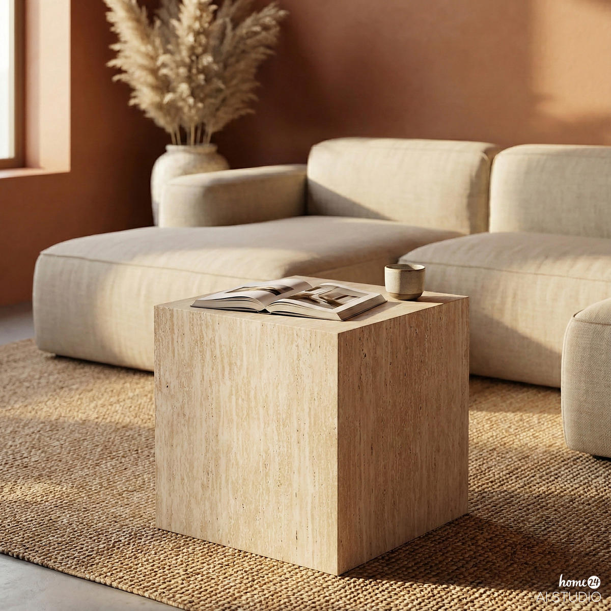 COUCHTISCH - quadratisch 48 cm - Travertin Dekor - Beige, Holzwerkstoff (48/48/50cm) - home24