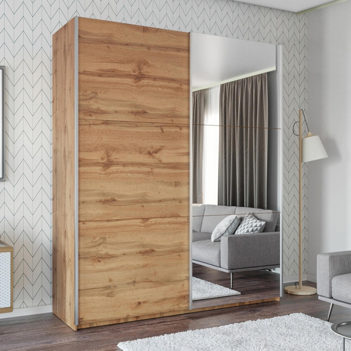 SCHWEBETÜRENSCHRANK Rossa mit 2 Türen und Spiegel, 200 cm, eiche Wotan - Eiche Wotan, Holzwerkstoff (200/244/65cm) - Beautysofa