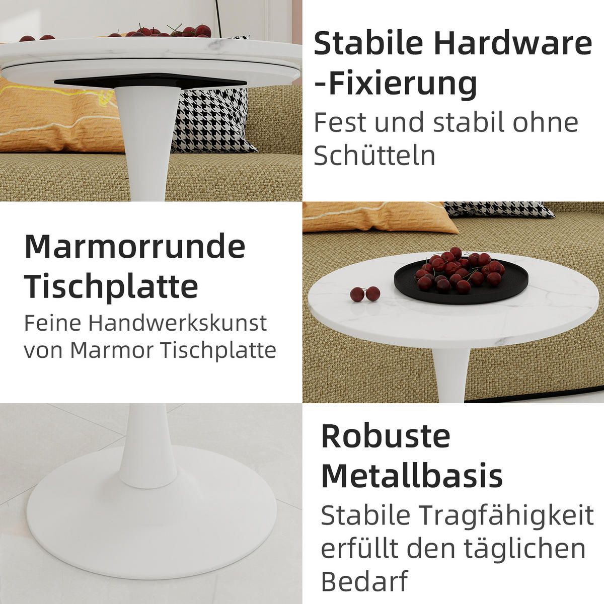 COUCHTISCH rund 70/70/72 cm Weiß mit Kunstmarmorplatte im minimalistischen Design - Weiß, Stein (70/70/72cm) - OKWISH