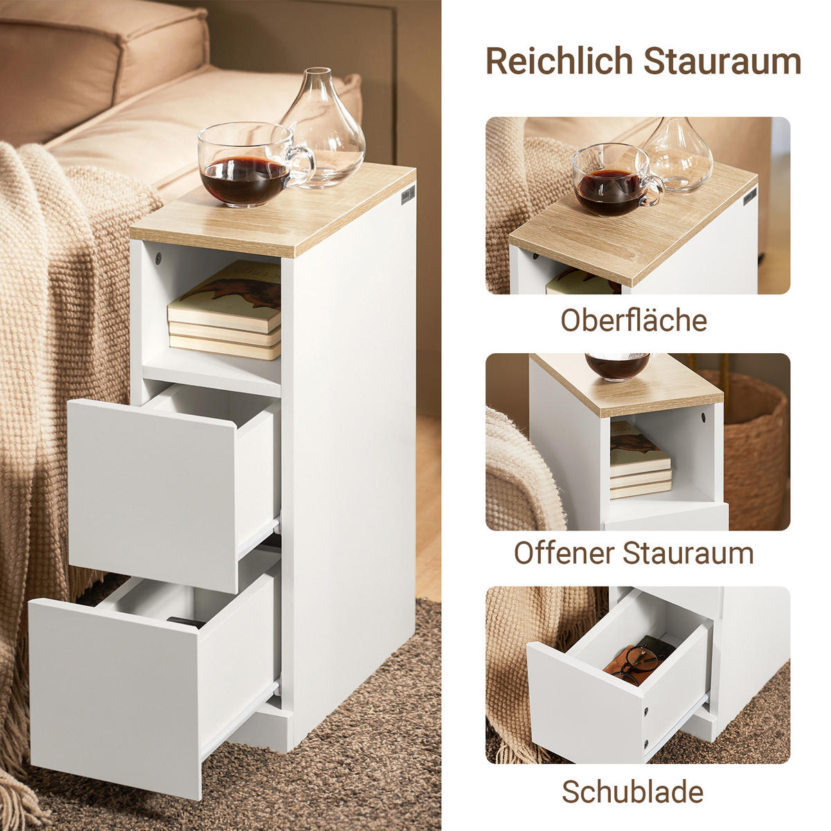 NACHTTISCH mit 2 Schubladen, Schmal, Weiß, 20x60x35cm - Weiß, Holzwerkstoff (20/60/35cm) - SoBuy