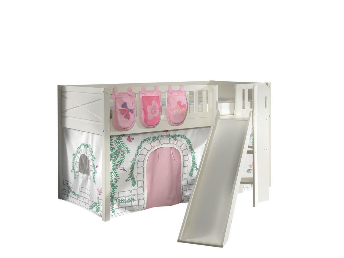 HOCHBETT mit Rutsche Karyl Massivholz Weiß Textilset Birdy 3 - Hellgrau/Weiß, Holz (90/200cm) - 58aufmkessel