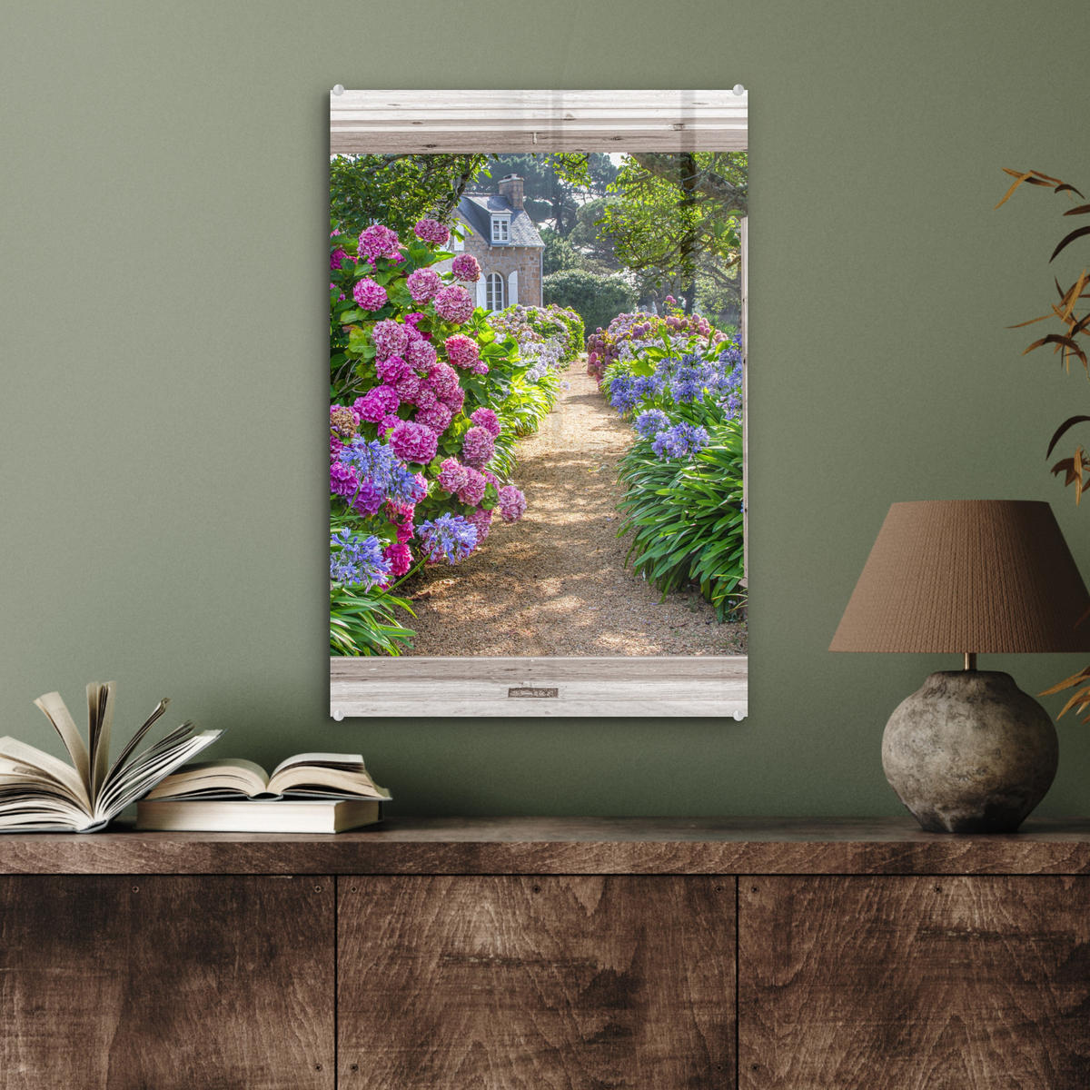 ACRYLGLASBILD Hortensie - Ansicht - Blumen - Sommer - Lila - Weg 40x60 cm - Lila, Glas (40/60cm) - MuchoWow
